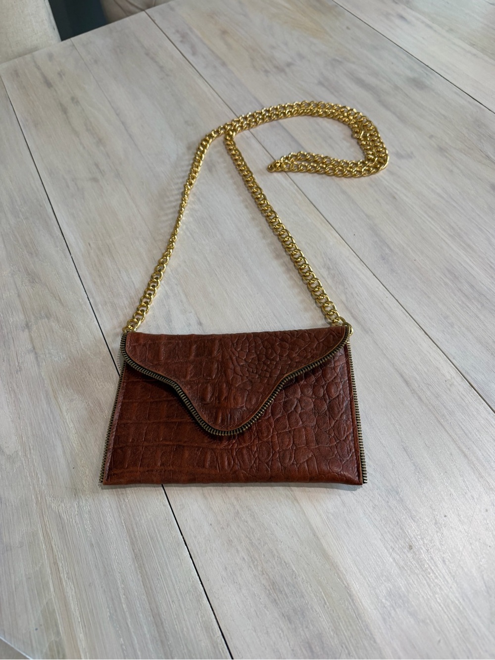 JJ Winters Brown Croc-Embossed Leather Crossbody Bag with Gold Chain